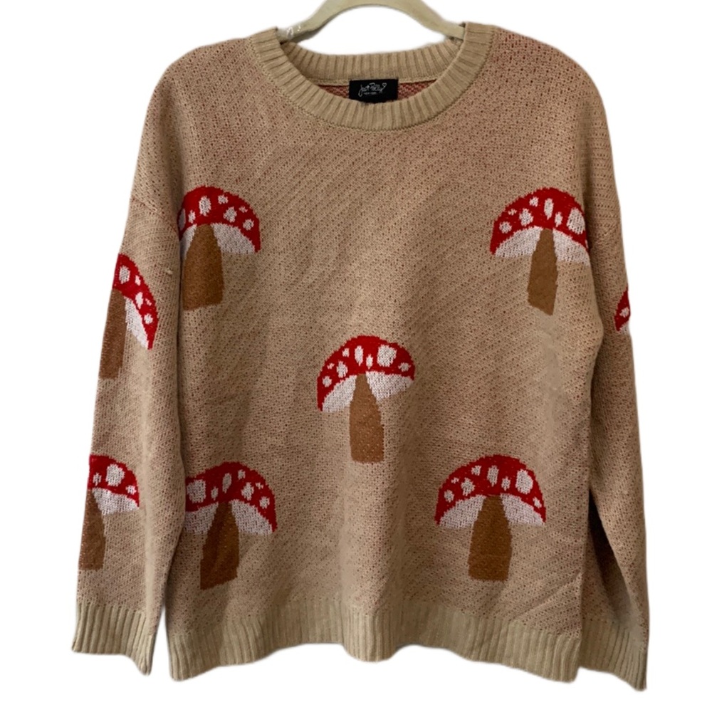 Mushroom Patterned Beige Sweater